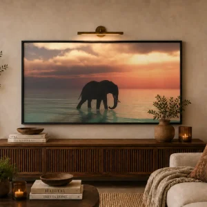 Twilight Wanderer Frame with Black Border featuring an elephant silhouette at sunset over calm waters