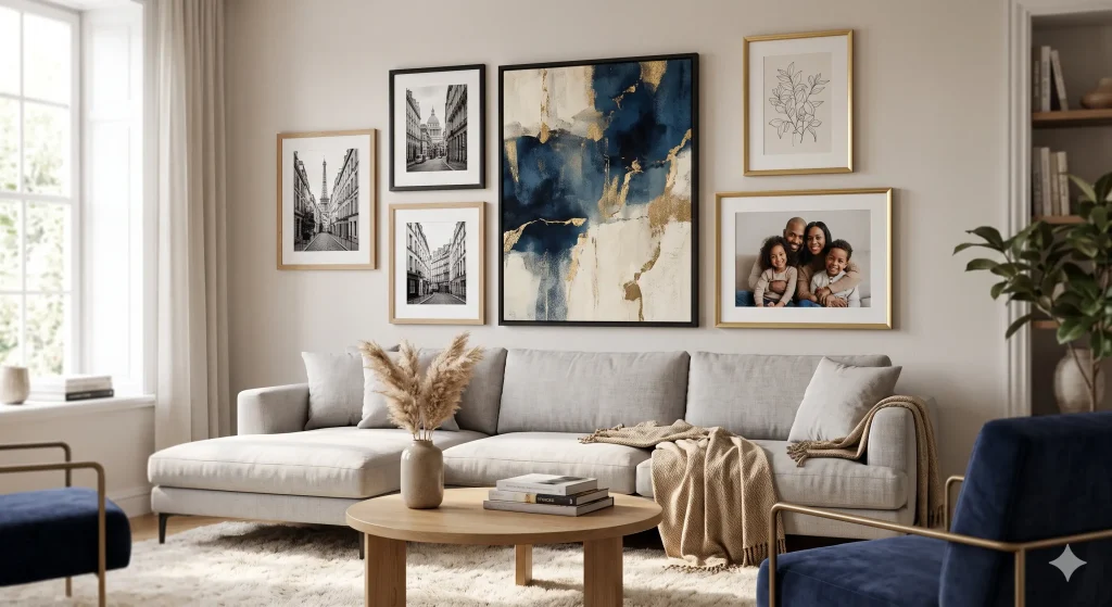 A modern gallery layout showcasing premium wall frames for living room décor above a light grey sofa.