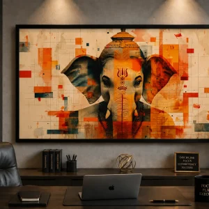 Geometric Ganesha Vision Frame in Black Frame – Modern Geometric Lord Ganesha Wall Art