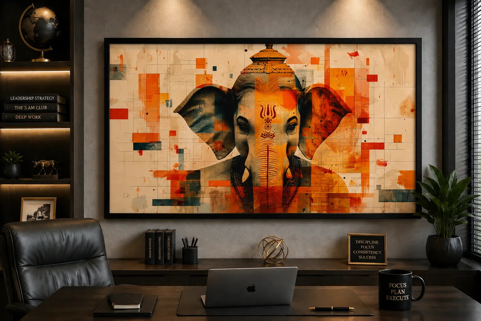 Geometric Ganesha Vision Frame in Black Frame – Modern Geometric Lord Ganesha Wall Art