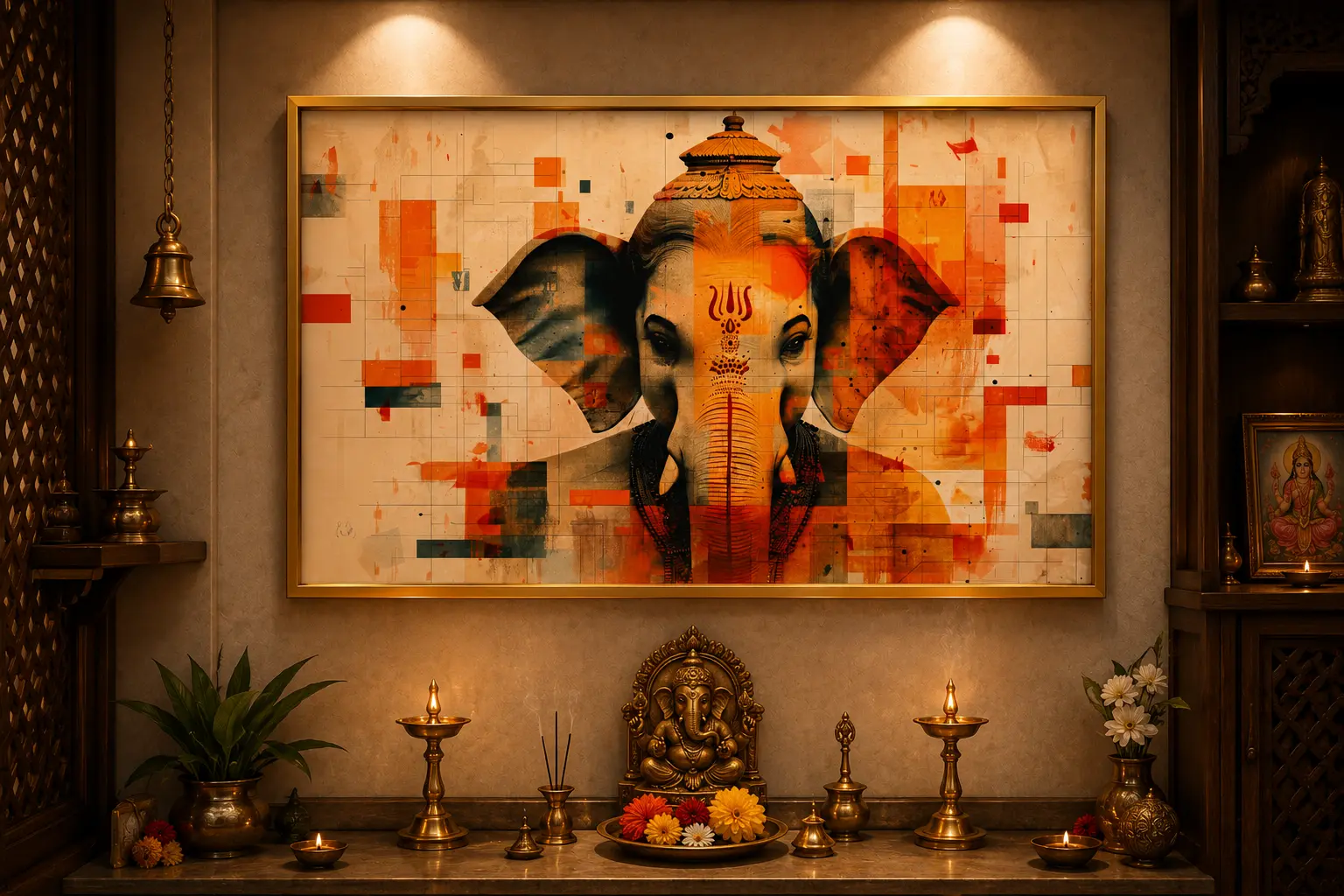 Geometric Ganesha Vision Frame in Gold Frame – Contemporary Lord Ganesha Geometric Framed Artwork