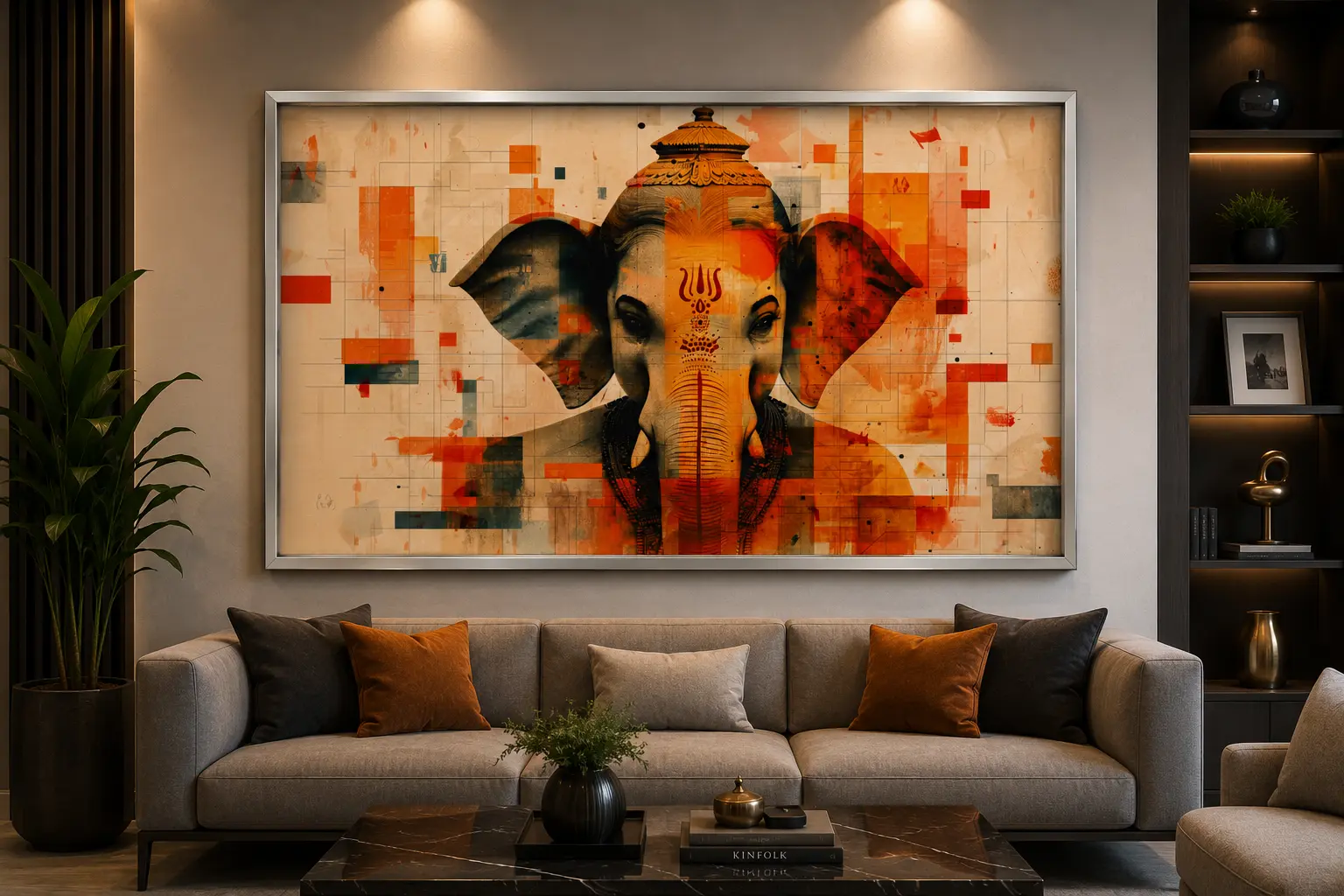 Geometric Ganesha Vision Frame in Silver Frame – Minimalist Lord Ganesha Sacred Wall Decor