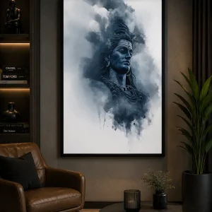 Ethereal Shiva Mist Frame in Black Frame – Mystical Lord Shiva Devotional Wall Art