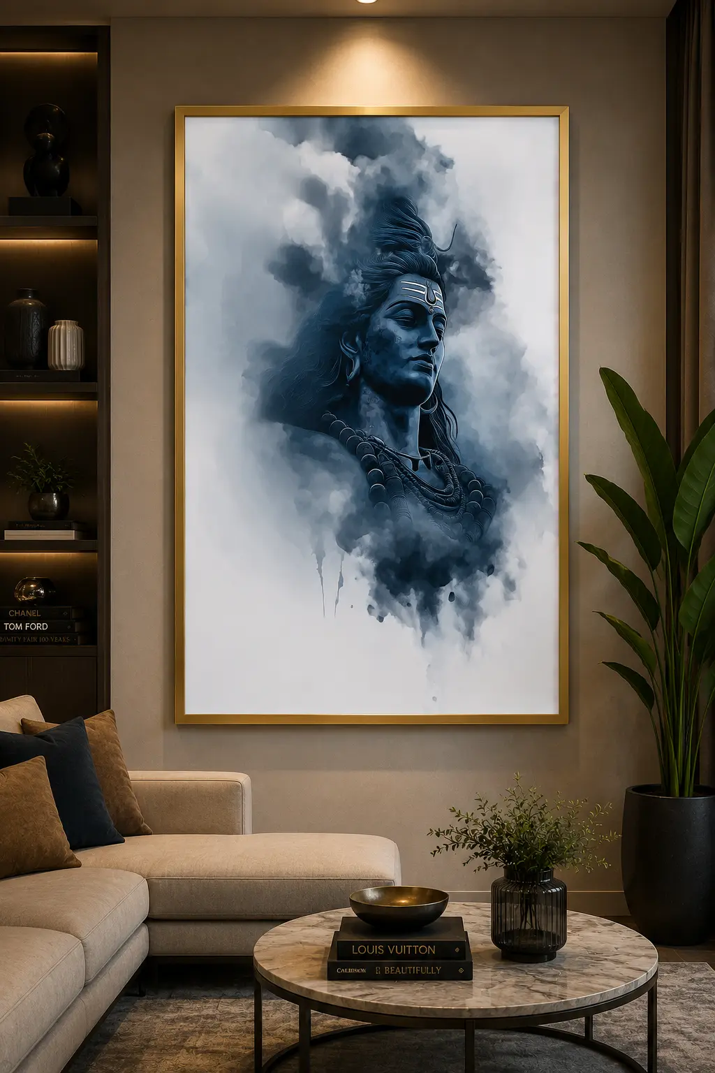 Ethereal Shiva Mist Frame in Gold Frame – Divine Lord Shiva in Misty Spiritual Framed Artwork