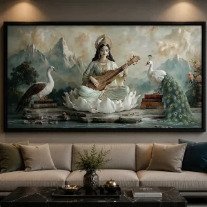 Celestial Veena Serenity Frame in Black Frame – Divine Goddess Saraswati with Veena Wall Art
