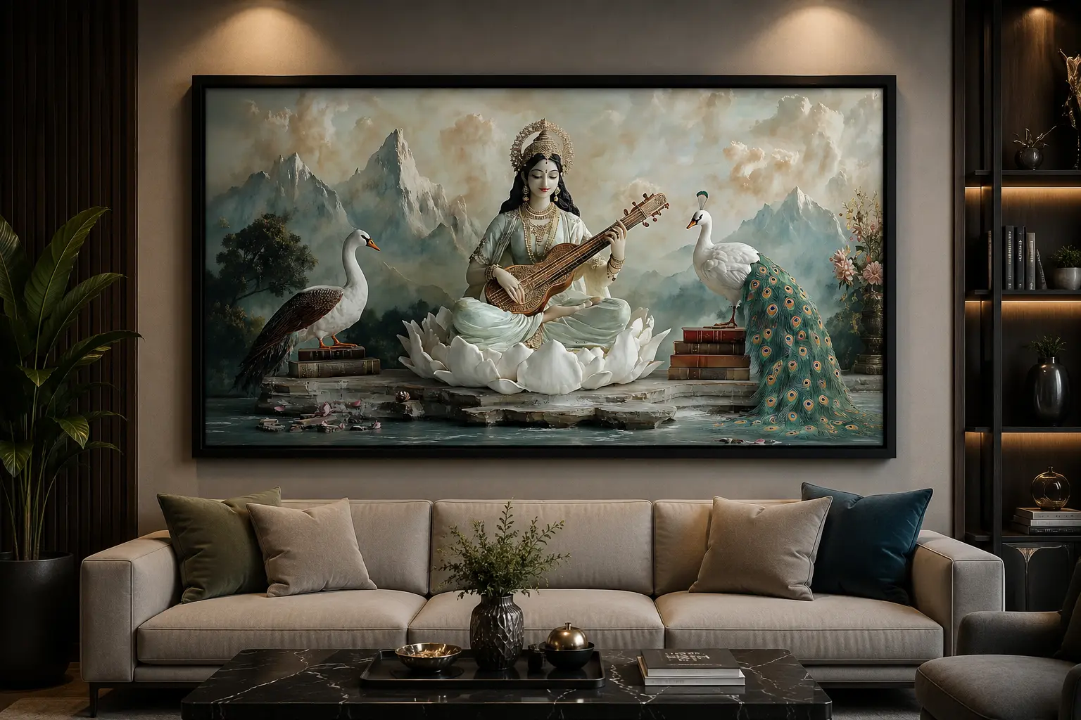 Celestial Veena Serenity Frame in Black Frame – Divine Goddess Saraswati with Veena Wall Art