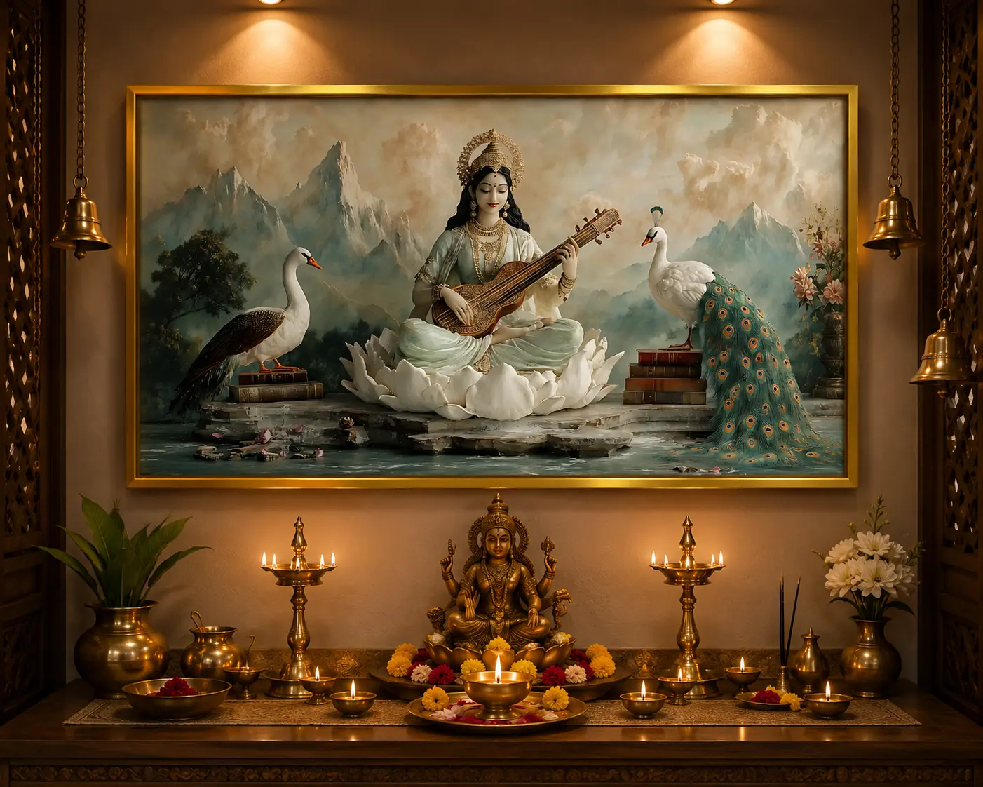 Celestial Veena Serenity Frame in Gold Frame – Elegant Goddess Saraswati Spiritual Framed Artwork