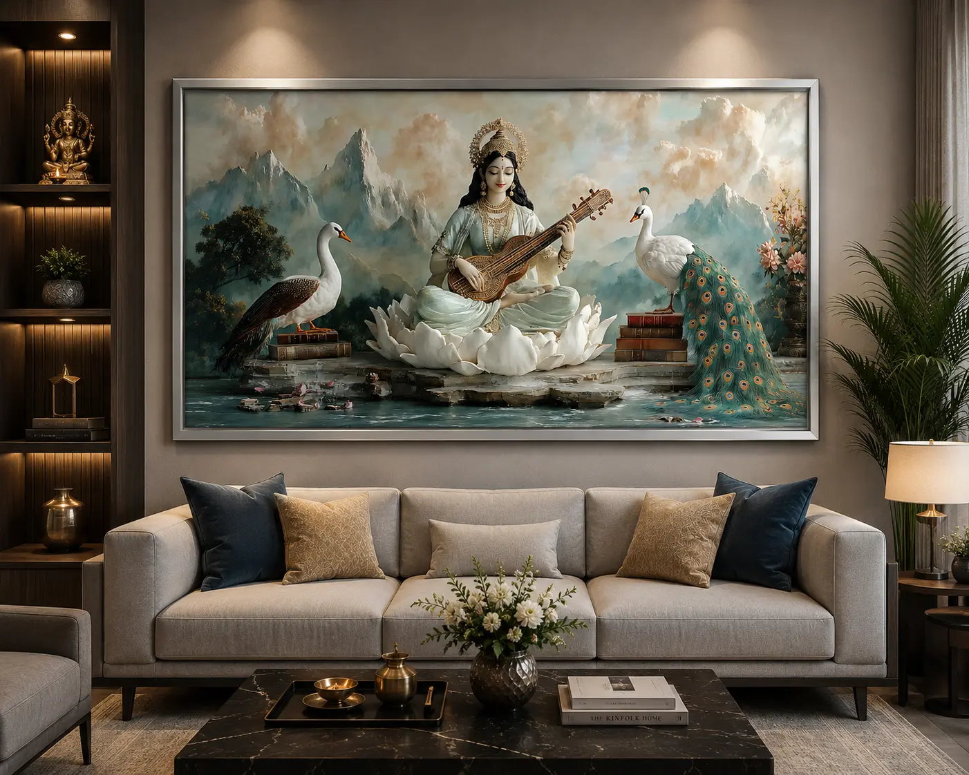 Celestial Veena Serenity Frame in Silver Frame – Sacred Goddess Saraswati Devotional Wall Decor