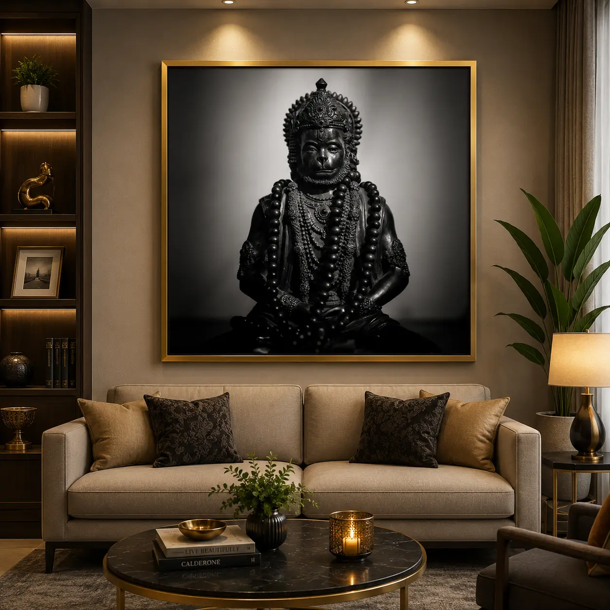 Shadow Hanuman Legacy Frame in Gold Frame – Majestic Lord Hanuman Spiritual Framed Artwork