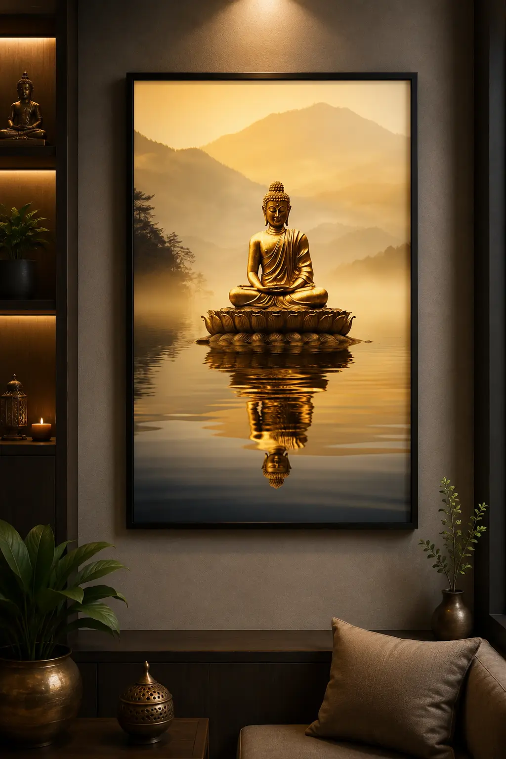 Golden Buddha Reflection Frame in Black Frame – Golden Buddha Meditation Spiritual Wall Art