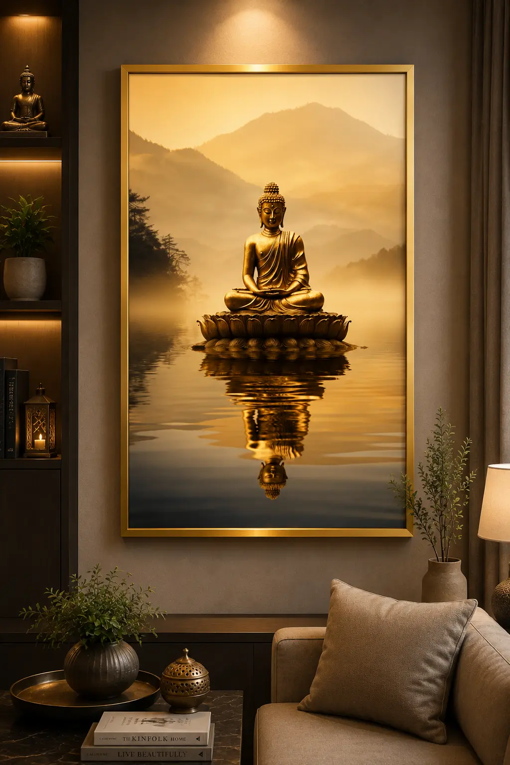 Golden Buddha Reflection Frame in Gold Frame – Serene Golden Buddha Reflection Framed Artwork