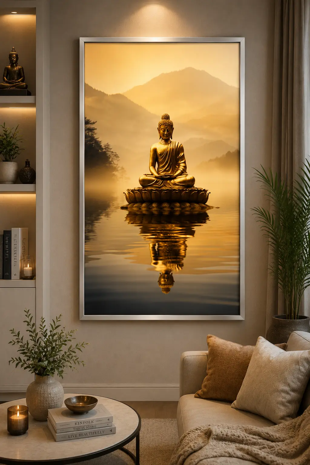 Golden Buddha Reflection Frame in Silver Frame – Peaceful Buddha Reflection Zen Wall Decor
