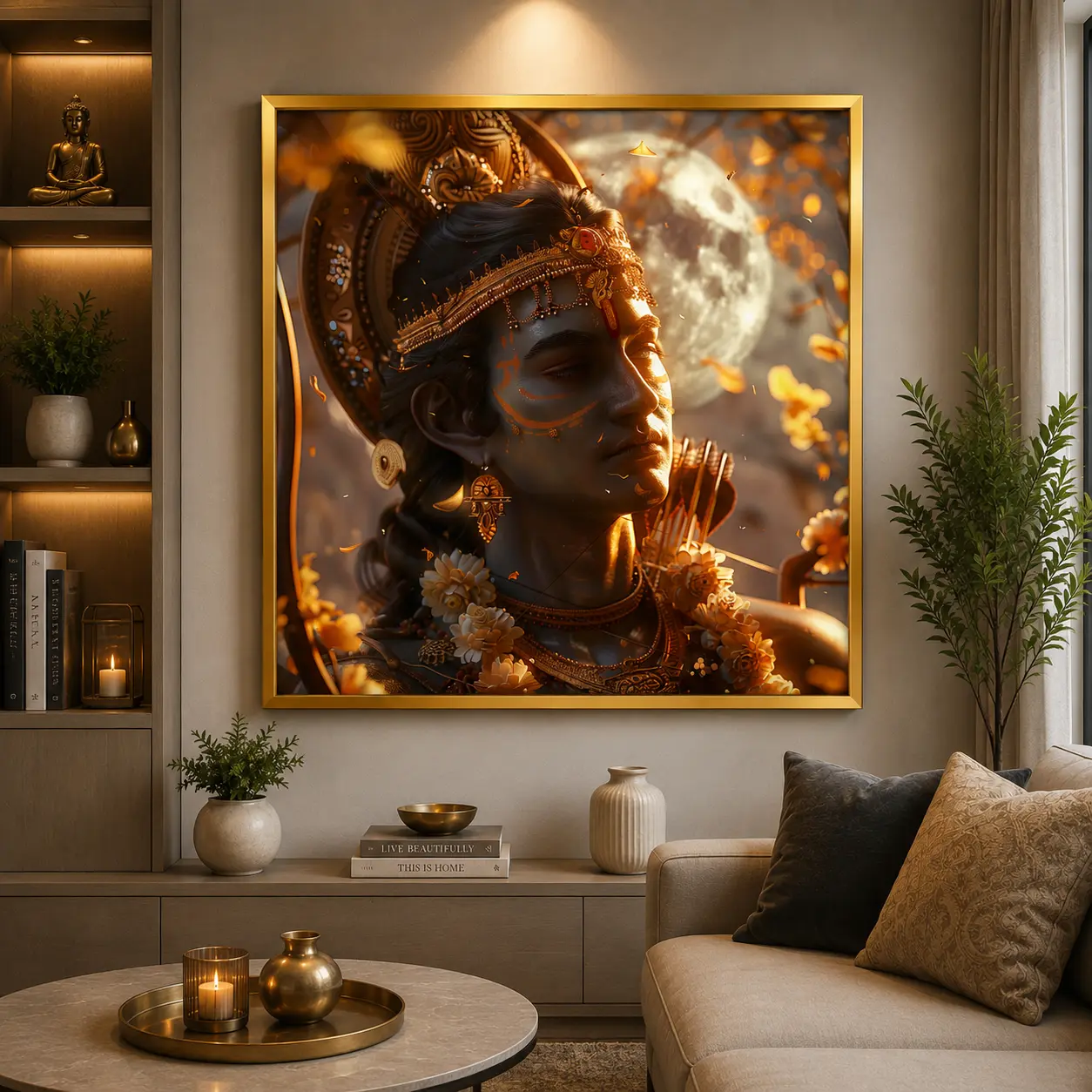 Celestial Rama Frame in Gold Frame – Sacred Lord Rama Spiritual Framed Artwork