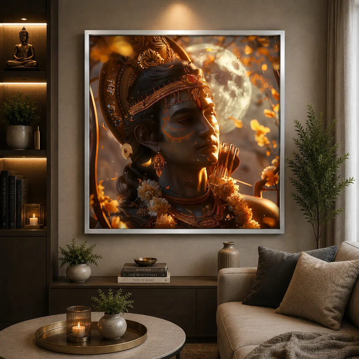 Celestial Rama Frame in Silver Frame – Peaceful Lord Rama Religious Wall Decor