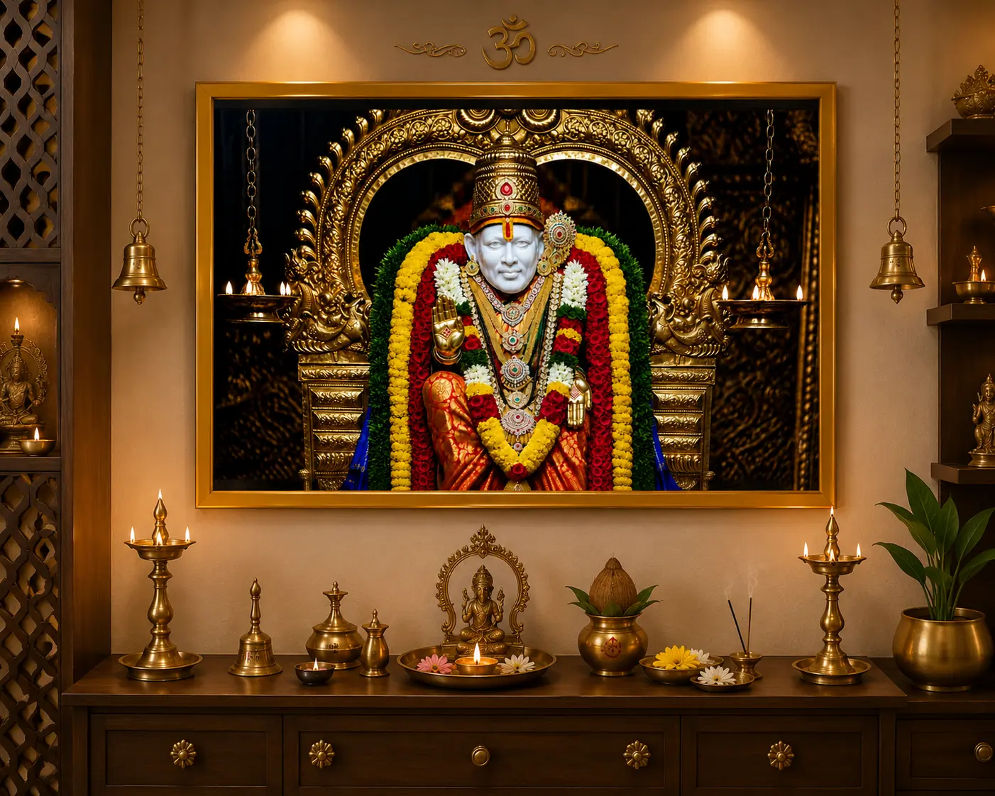 Sai Blessings Frame in Gold Frame – Sacred Shirdi Sai Baba Spiritual Framed Artwork