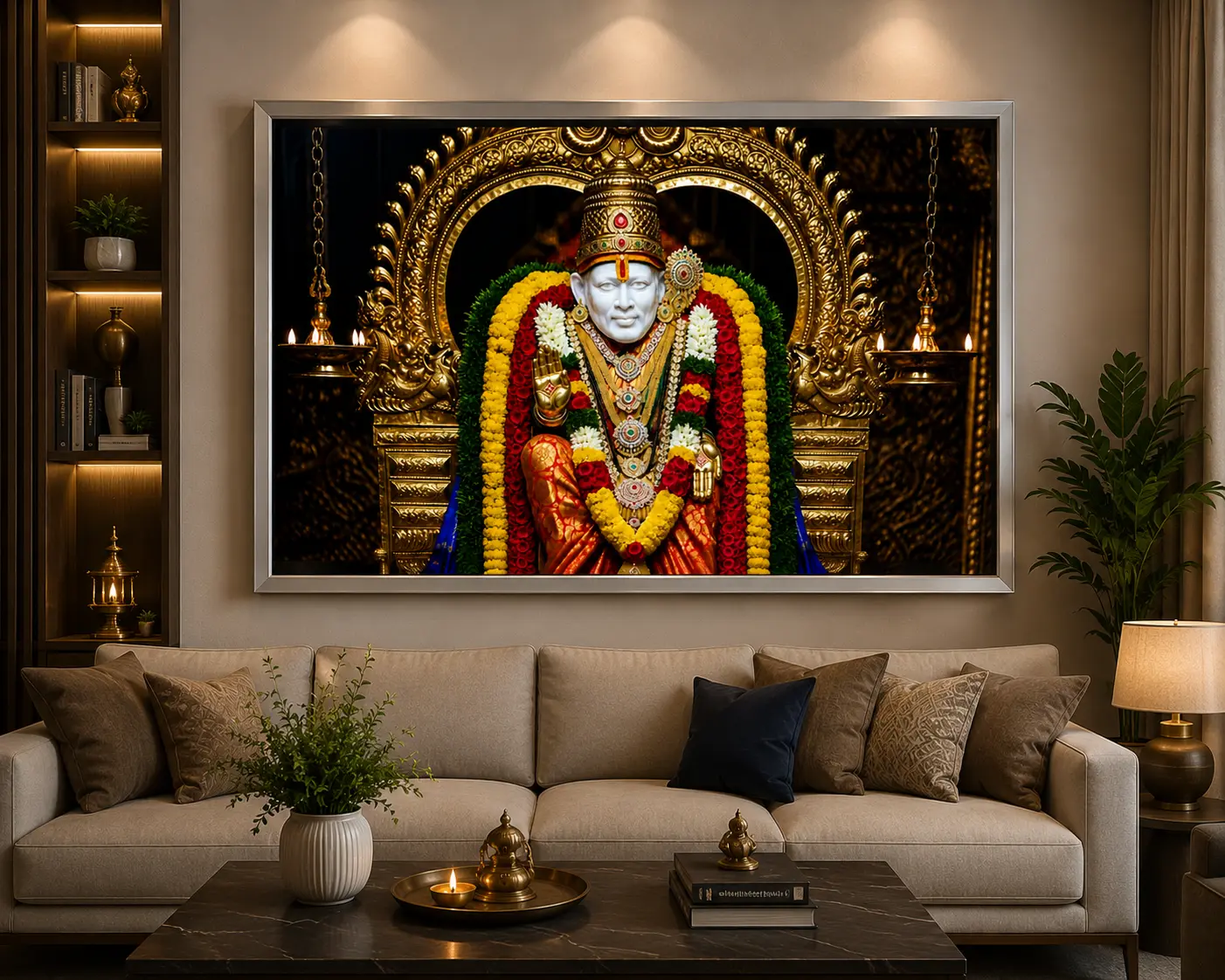 Sai Blessings Frame in Silver Frame – Peaceful Sai Baba Religious Wall Decor