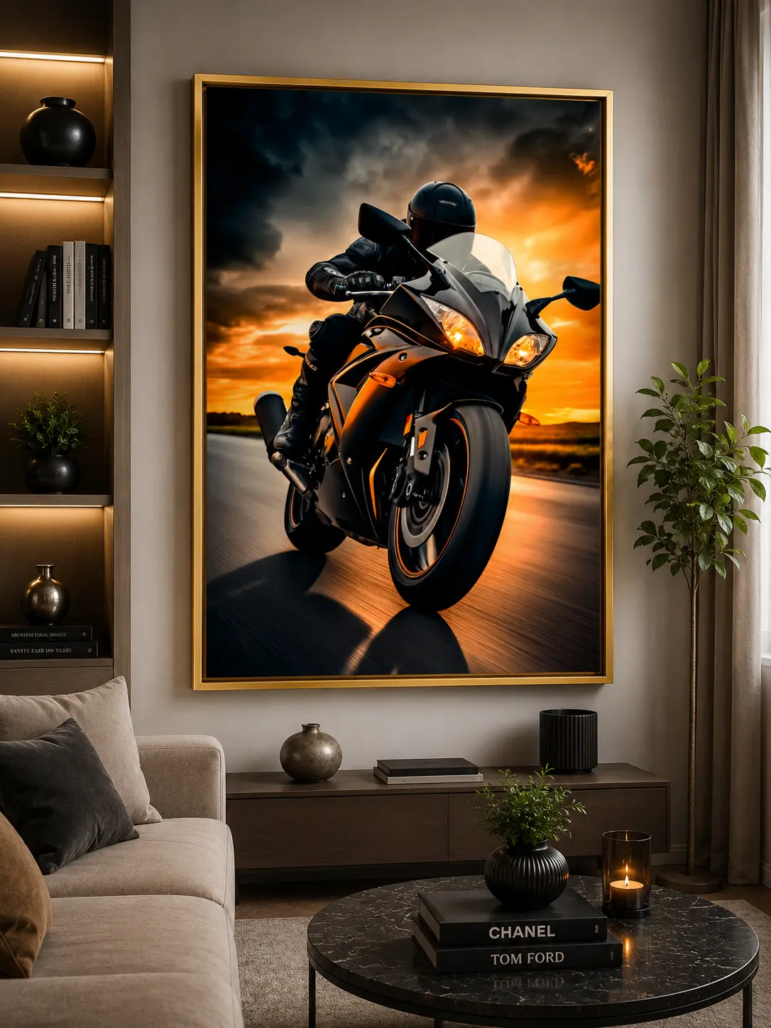 Sunset Apex Frame in Gold Frame – Luxury Sports Car Against Sunset Framed Artwork