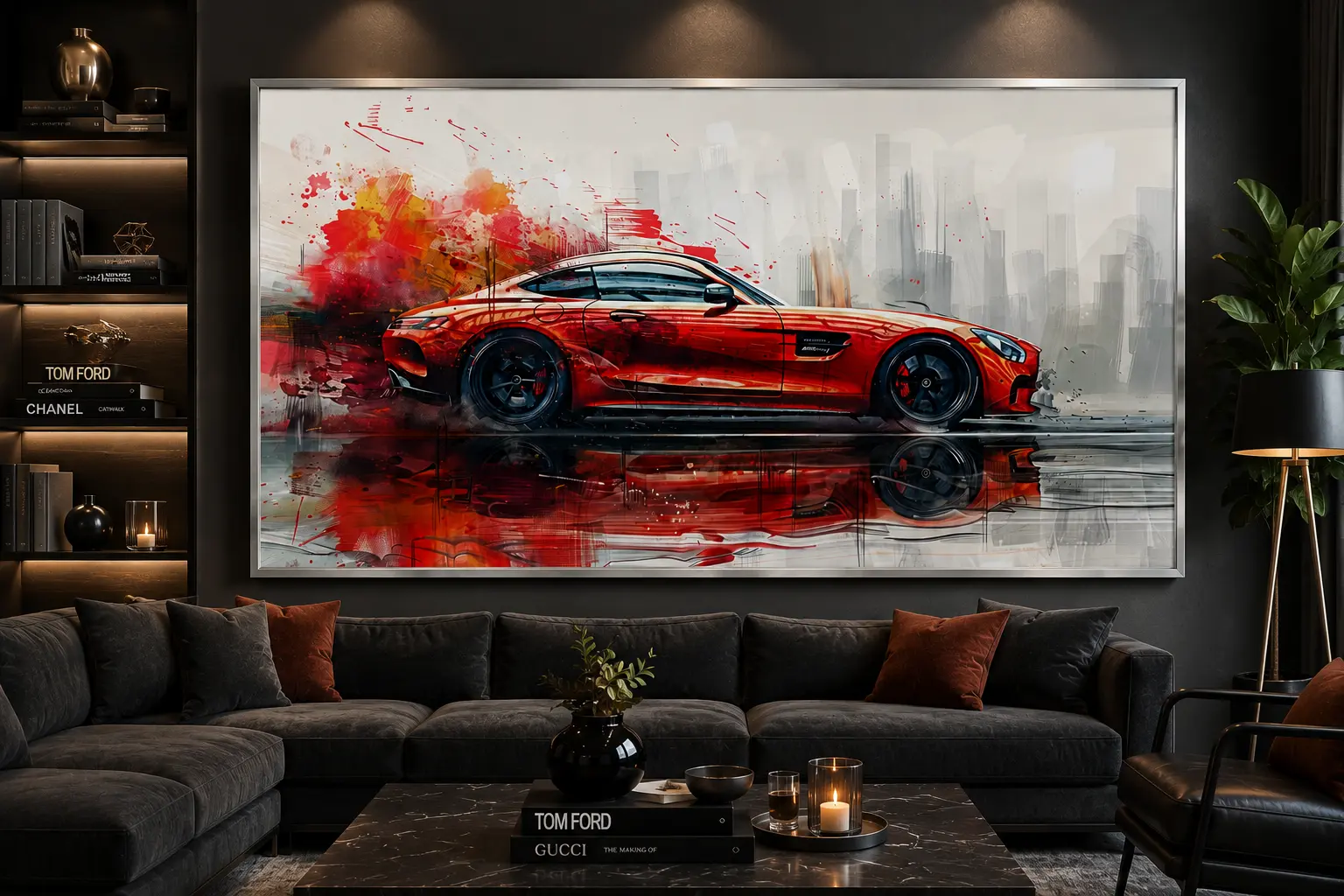 Scarlet Motion Frame in Silver Frame – High-Speed Red Sports Car Wall Decor