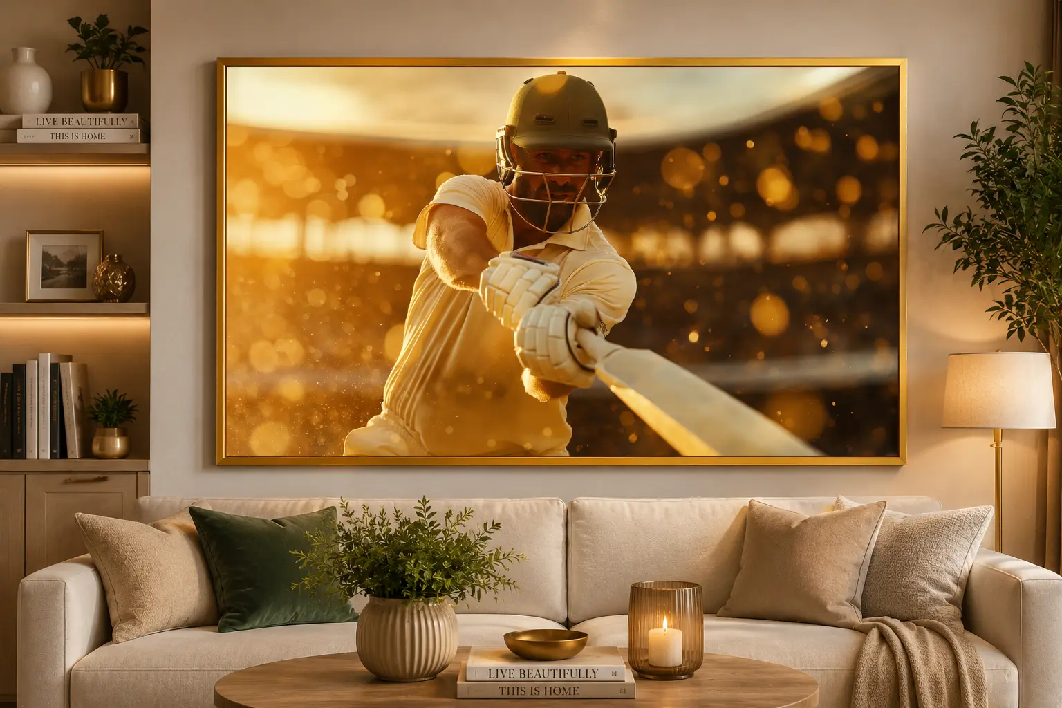 Golden Boundary Frame in Gold Frame – Professional Cricketer Playing a Boundary Shot Framed Artwork