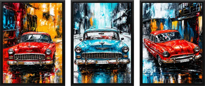 Three vintage cars painted in rainy city streets