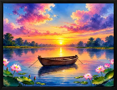 Lotus lake sunset with wooden boat